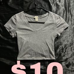 Grey, V Neck, Crop Tee