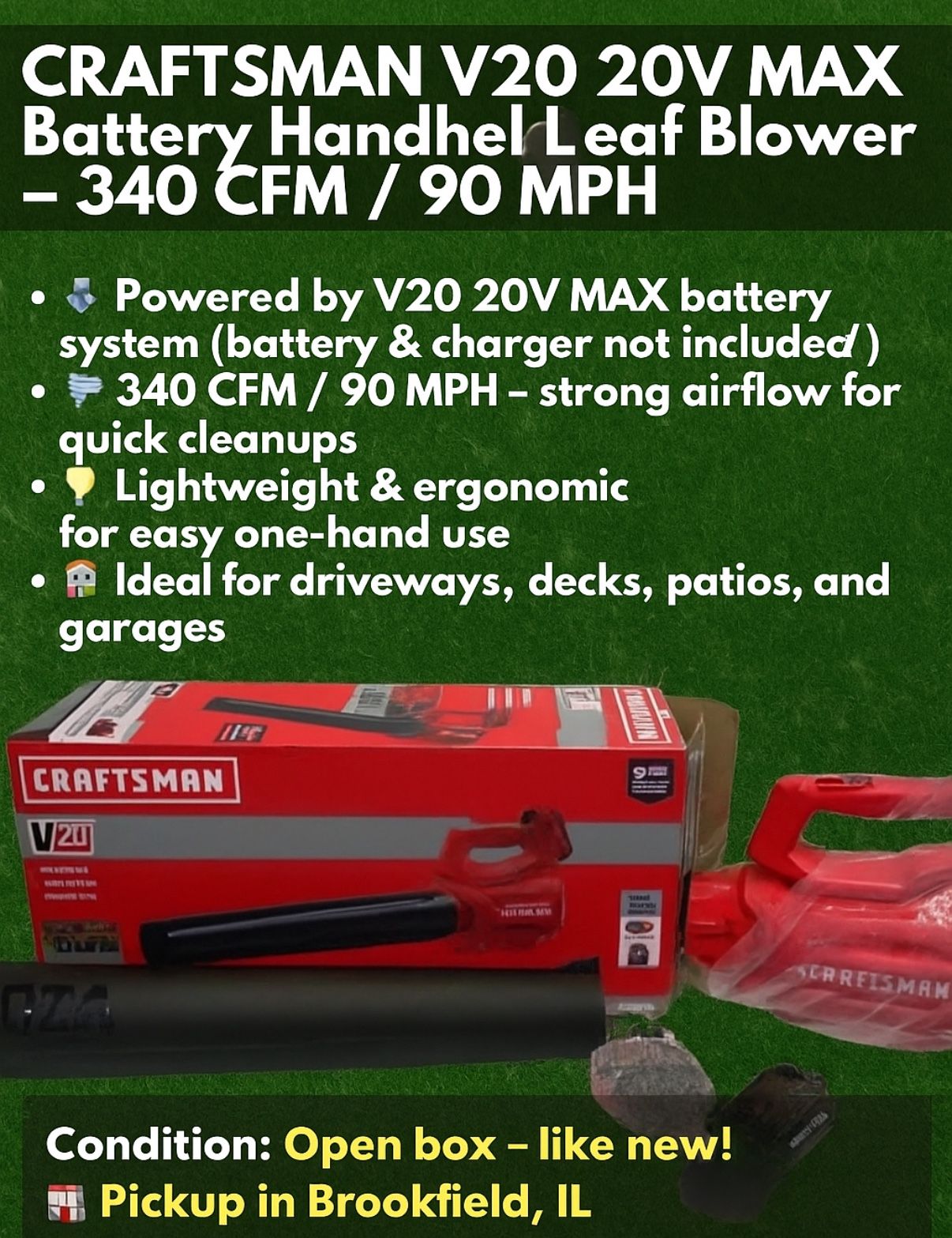 CRAFTSMAN V20 20V MAX Battery Handheld Leaf Blower β 340 CFM / 90 MPH