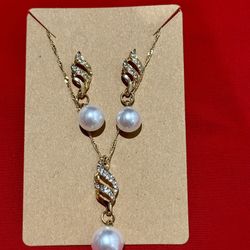 New! Gold Platinum Plated Pearl Jewelry Necklace Earrings set