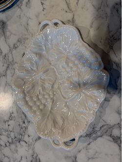 White Ceramic Grape Grape Leaves Cheese Platter Plate