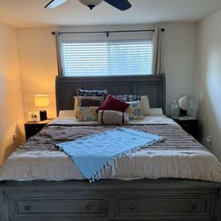 Ashley Furniture Bed - Lettner King Sleigh Bed with 2 Storage Drawers, 2 Night Stands, And Mirrored Dresser