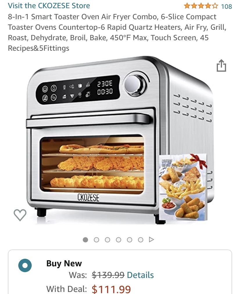 8-In-1 Smart Toaster Oven Air Fryer Combo, 6-Slice Compact Toaster Ovens Countertop-6 Rapid Quartz Heaters, Air Fry, Grill, Roast, Dehydrate, Broil, B