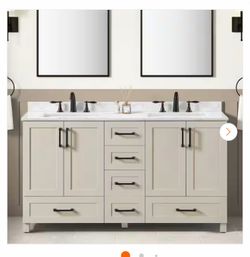 Tobana 60 in. Double Sink Freestanding Beige Bath Vanity with White Engineered Marble Top (Assembled)