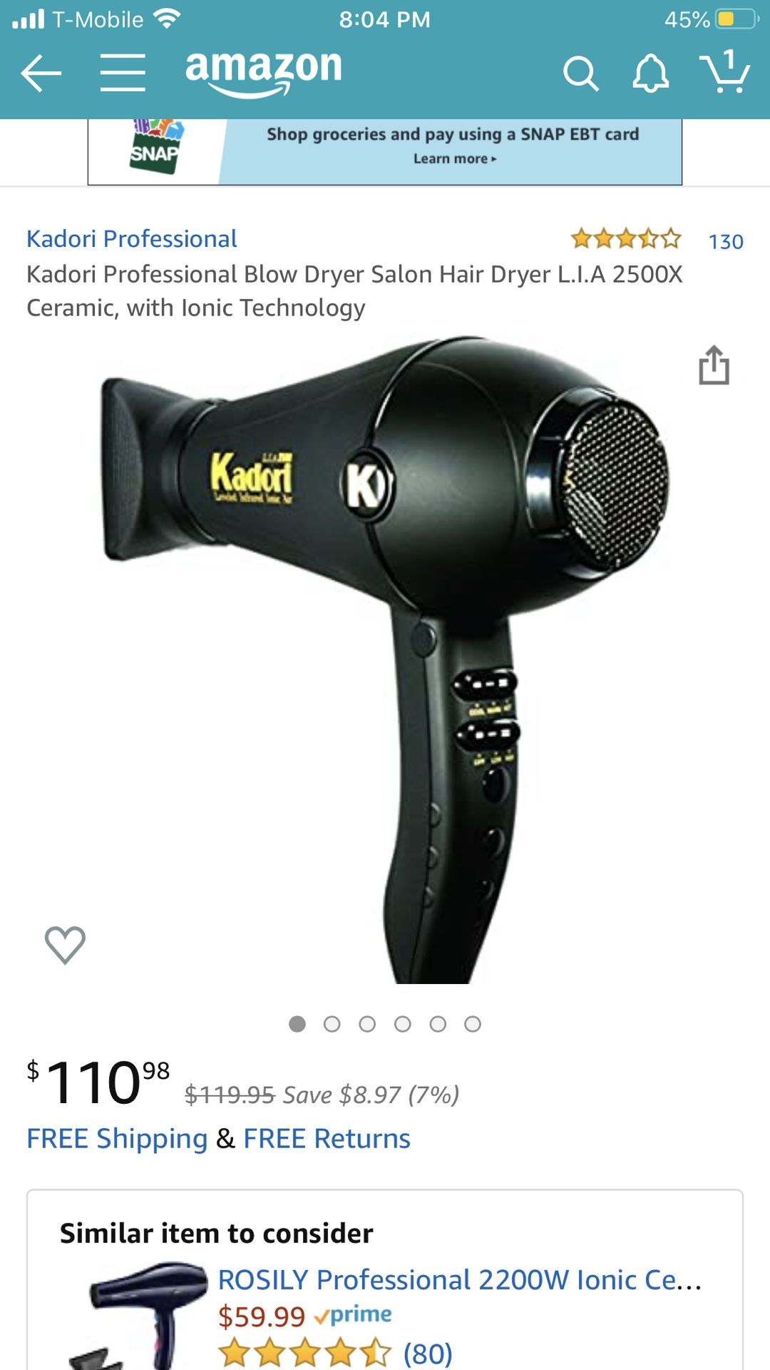 Kadori Professional Blow Dryer Salon Hair Dryer L.I.A 2500X Ceramic, with Ionic Technology