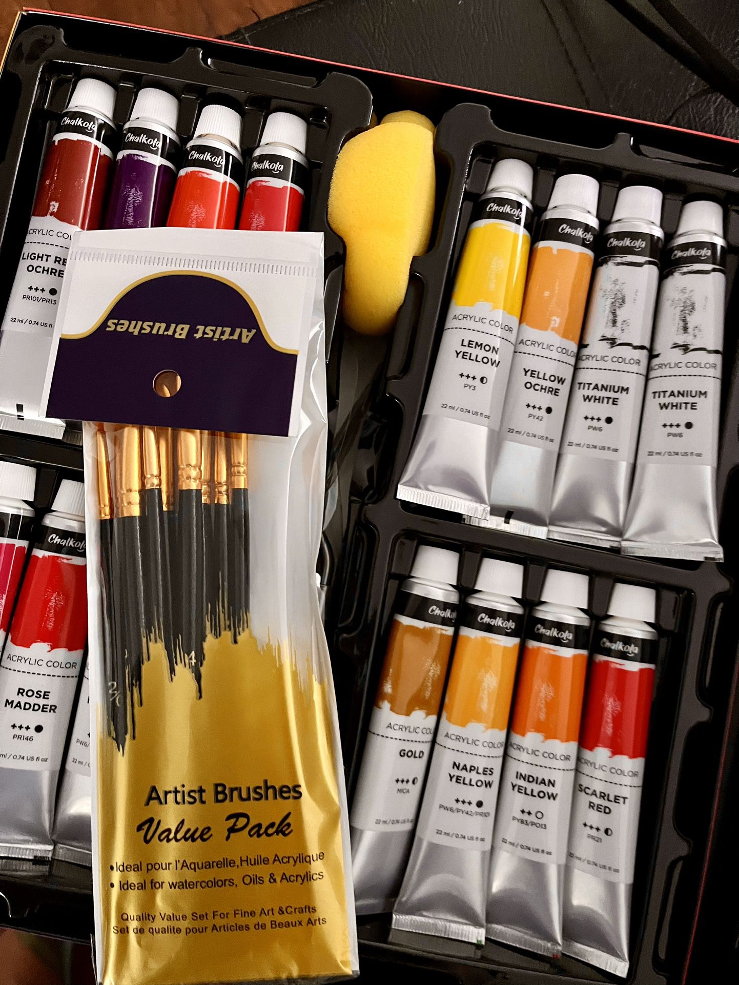 32 Metallic Paint Tubes (22ml) (incl Gold, Silver), 10 Painting Brushes, 1 Knife, 1 Sponge & 1 Palette - Metalic Acrylic Craft Paint
