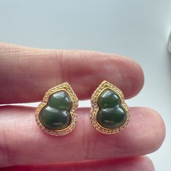 Brand New Calabash Shaped Authentic Jade Earrings 925 Silver 