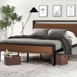 14 Inch Full Size Metal Platform Bed Frame with Wooden Headboard and Footboard, Mattress Foundation, No Box Spring Needed, Large Under Bed S
