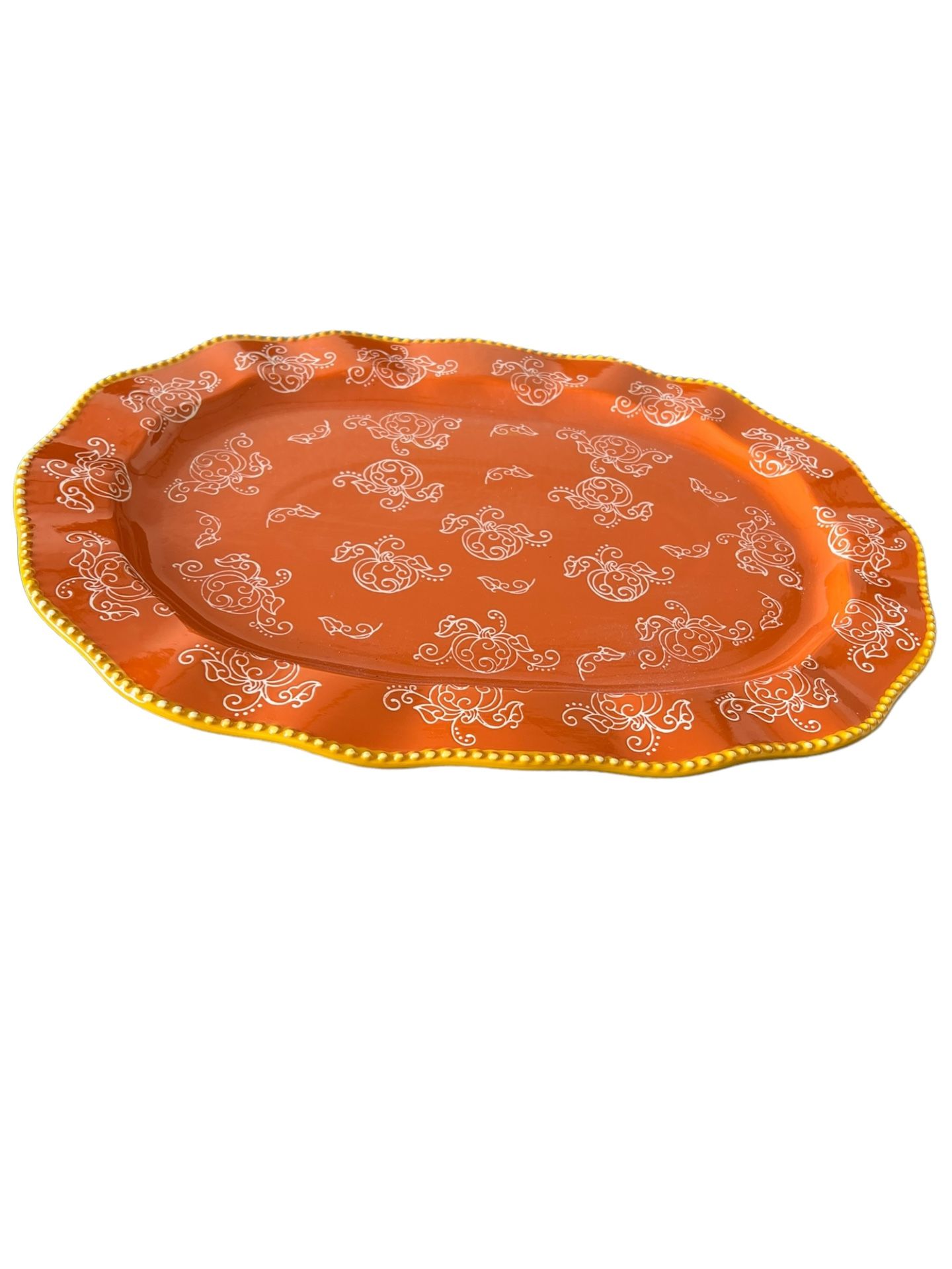 Tara Temptations Pumpkin Floral Lace Platter Serving Tray w Handles Orange 18 In This beautiful serving tray is perfect for any occasion. The oval sh