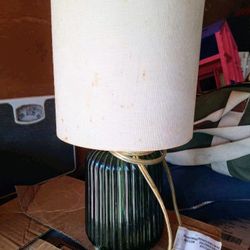 Mainstays Mini Green Glass Stripe Table Lamp with White Lamp Shade