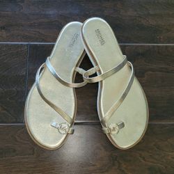 Michael Kors "Letty" (Sz 10) Soft Gold LEATHER Thong Sandals Toe Loop Logo Flats Excellent Condition PRICE Is Firm Cash Only 