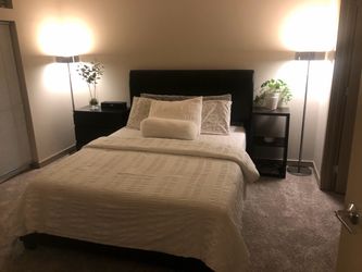 Queen Bed Frame (Black Leather Upholstered) + 12" Mattress — Complete Bed Set
