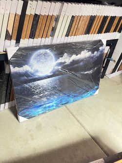 48” x 32” Moon Over Ocean Canvas Wall Art | Large Modern Seascape | Gallery Wrapped | $30