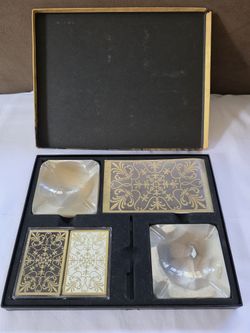 MCM Vintage Stancraft Bridge Playing Card Set 2 Decks w/ Scorecard & Two Onyx Ashtrays