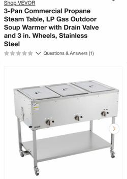 BRAND NEW IN BOX 3 PAN COMMERCIAL PROPANE STEAM TABLE, LP GAS OUTDOOR WARMER WITH DRAIN