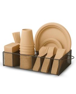 NWOT 6 Compartment Metal Paper Plate Organizer Caddy w Napkin Holder