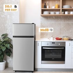New 4.5 Cu Double Door Refrigerator with Freezer, Mini Fridge for Bedroom, Office, Dorm and Apartment, Small Compact Refrigerators with Wheels, Low No
