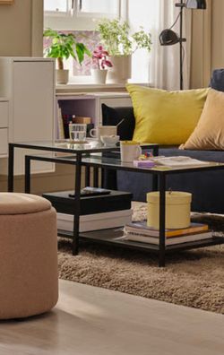 IKEA 2 piece metal wood and class coffee table , staking table   Black, glass tops . Pick up in Wellington