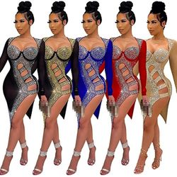 Sexy Hollow Out Bodycon Mesh Sheer Long Sleeve Sparkle Cocktail Midi Dress