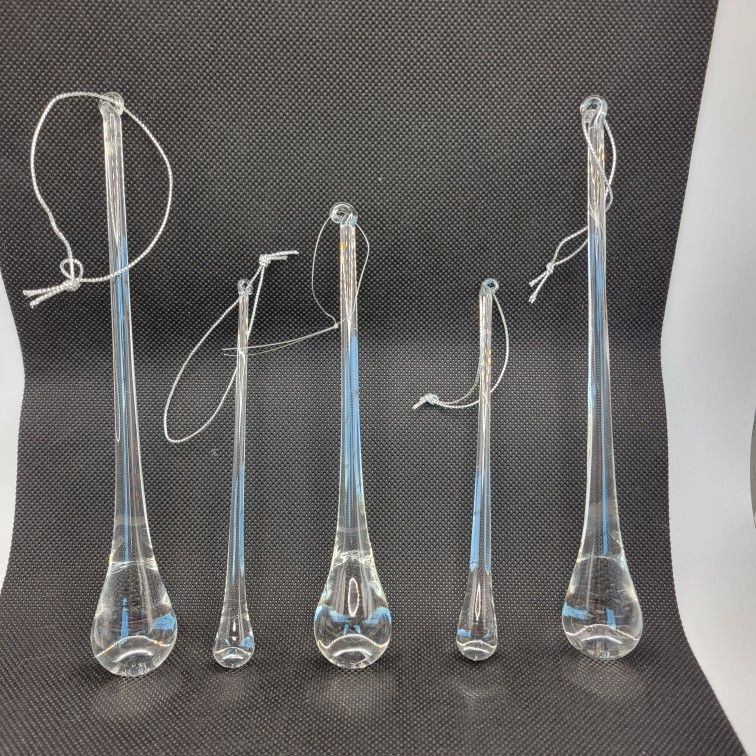 5 Piece Vintage Clear Glass Hand Blown Ornaments Tear Drop Icicles 5"-7" Long