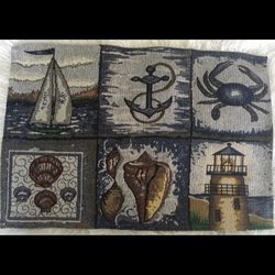 Tapestry Placemat Set of 4  Nautical Sailboat Crab Lighthouse Seashell Anchor 