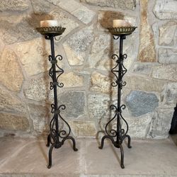 Antique Vintage Blacksmith Wrought Iron Floor Candle Holder-Pair of 2 - 40” tall