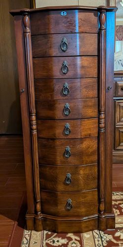 Oak finish jewelry box tall cabinet