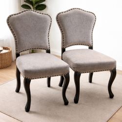 Set of 2 Upholstered Dining Chairs – Gray with Nailhead Trim