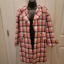 W.D.N.Y. Womens Open Pink/Black Plaid Tweed Coat with Fringe, Size 8 Petite