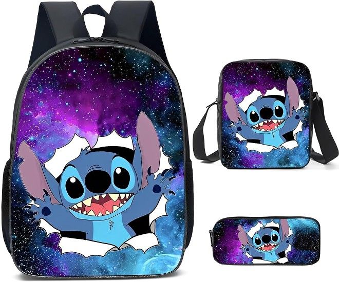 QIELIDL Kawaii stitch backpack 17 lnch 3 piece stitch Laptop Backpack with Insulated Lunch Bag Pencil Case Daypack Travel Bag