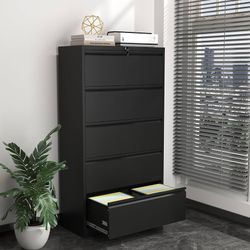 Lateral File Cabinet with Lock,5 Drawer Metal Filing Cabinets, Home Office Storage Cabinet for Hanging Files Letter/Legal/F4/A4 (Black)
