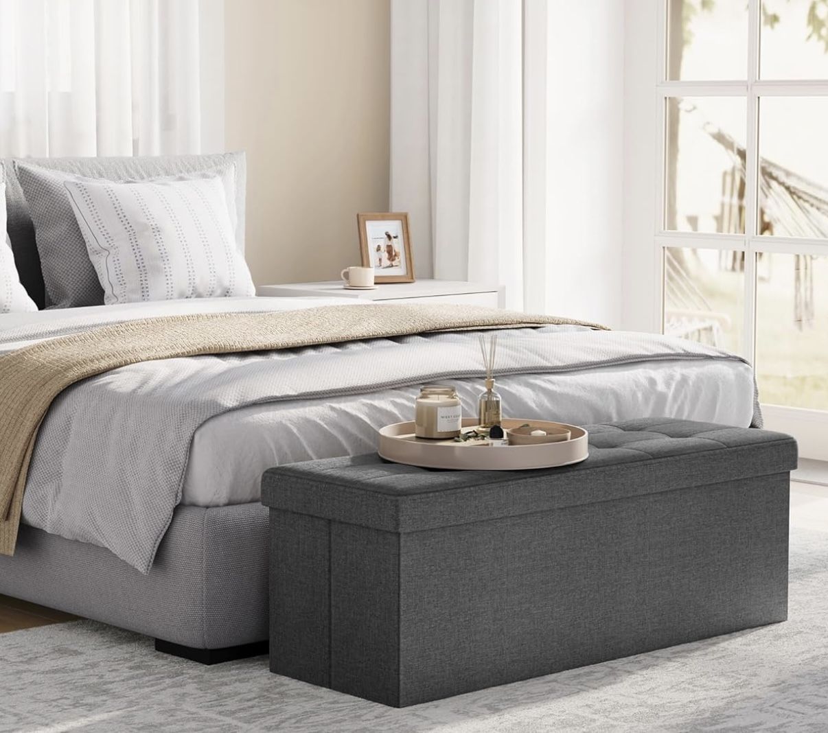 43 Inches Folding Storage Ottoman Bench, Ottoman Foot Rest, End of Bed Bench, Storage Chest, Load 660 lb, for Living Room, Bedroom, Entryway, Dark Gra