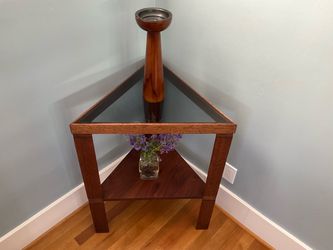 Vintage MCM / Art Deco Two Tiered Triangular Corner Table with Glass Top