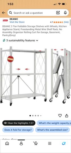 Foldable three tier shelf on wheels