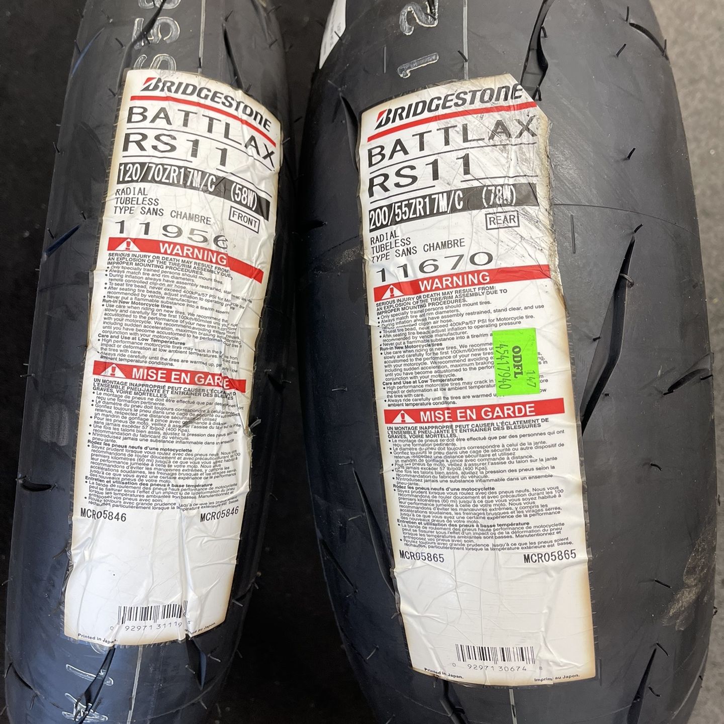 Bridgestone RS11 Tire Set Combo 120/200 for Sale in Los Angeles 