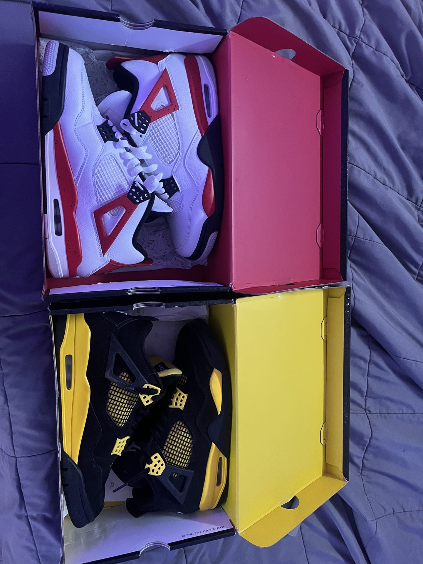 Red cement Jordan 4s and Black and yellow thunder 4s