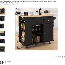 Rolling Black Drop Leaf Wood Top 40 in. Kitchen Island Cart with Power Outlet, Wine Rack, Flexible Desktop Hole