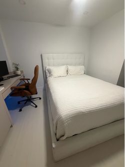 White leather queen bed frame