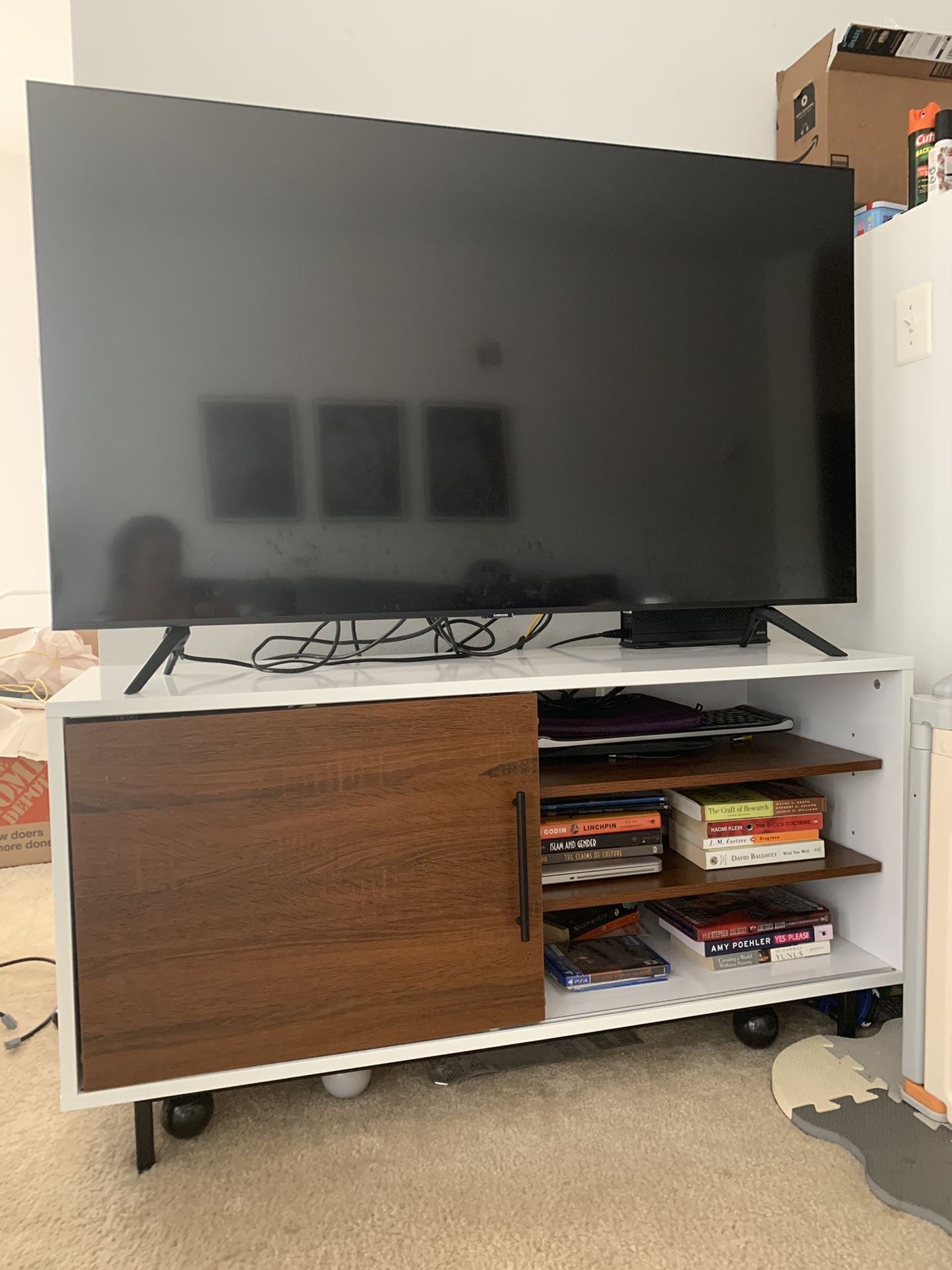 White and dark brown TV stand with storage