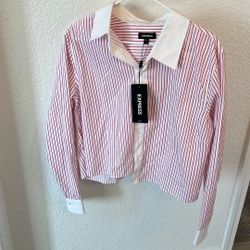 Express Pink striped cropped button up