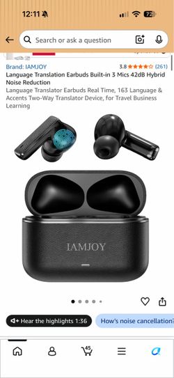 Language Translation Earbuds Built-in 3 Mics 42dB Hybrid Noise Reduction Language Translator Earbuds Real Time, 163 Language & Accents Two-Way Transla