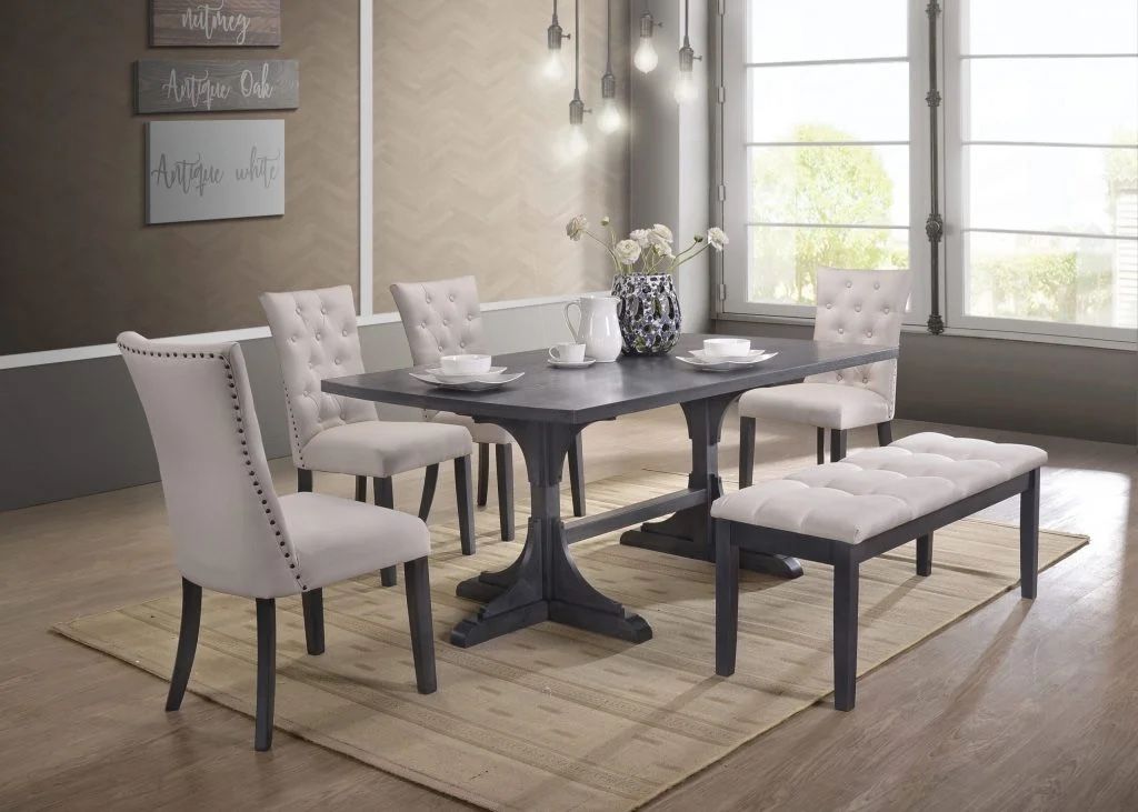 Dining Table Set - Gray Wood Dining Table With Linen Chairs