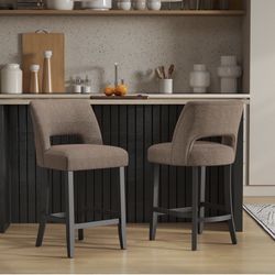 Two bar stools, bar stools Upholstered with counter height, modern stools with Black legs for kitchen, dining island or bar, brown color