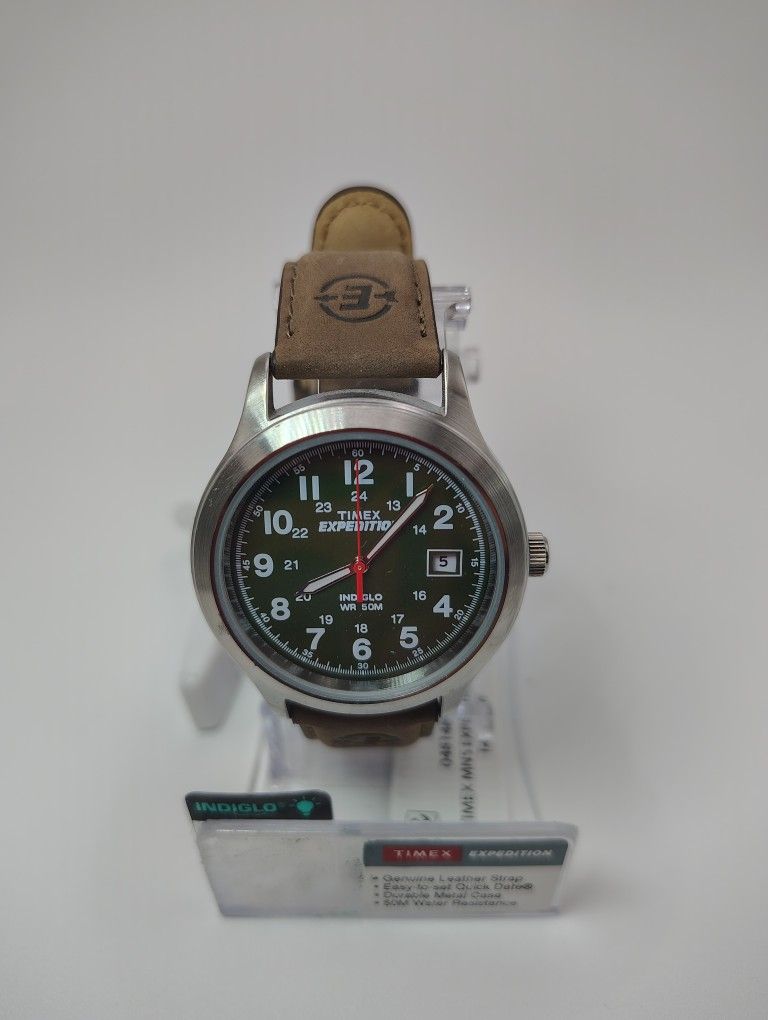 New Timex Expedition INDIGLO Green Dial Mens Quartz Watch Lume Leather Band