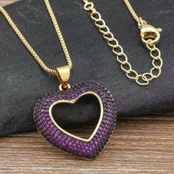 Exquisite Micro Pave 14K Gold Plated Purple Cubic Zirconia Heart Shaped Pendant Necklace 
