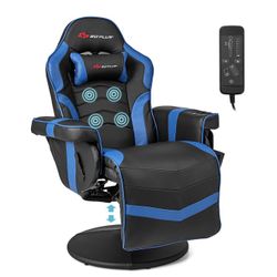 Costway - Massage Gaming Chair with Recline and Cup Holder - Blue + Black
