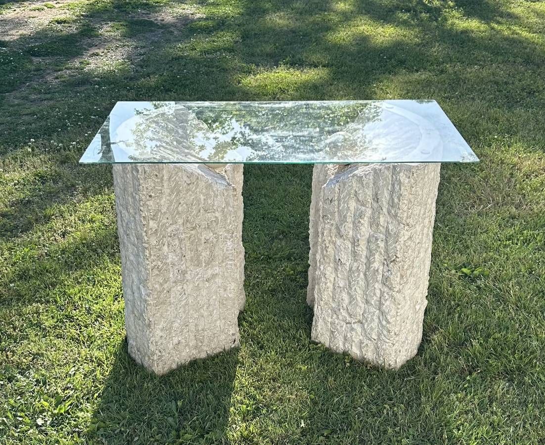 Vintage Magnussen Ponte Postmodern Tessellated Travertine Mactan Column Pedestal Stone And Glass Table Entryway Foyer Console