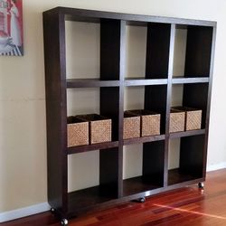 Solid wood espresso jumbo huge cube storage organizer display shelf shelving unit wheels/rolling, living room