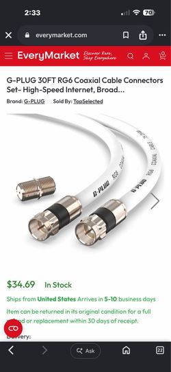 G-PLUG 30FT performance, RG6 Coaxial Cable, I have 48 available $10 each make me an offer for more