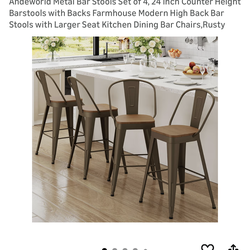 Andeworld Metal Bar Stools Set of 4, 24 inch Counter Height Barstools with Backs Farmhouse Modern High Back Bar Stools with Larger Seat Kitchen Dining