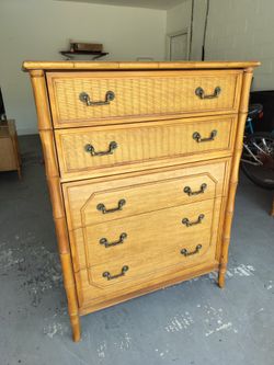 Vintage FAUX BAMBOO Tallboy, Broyhill Highboy Dresser 5 Drawers, Faux Bamboo Coastal, Chinoiserie Style. 